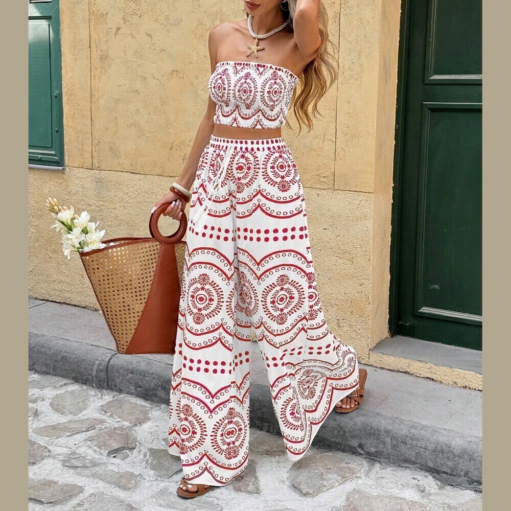 White & Red Medallion Print Strapless Crop Top & Wide Leg Pants Set